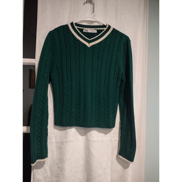 Zara Cable Knit Cropped Sweater Green V-Neck Cottage Preppy Festive Chic Medium - Picture 1 of 6